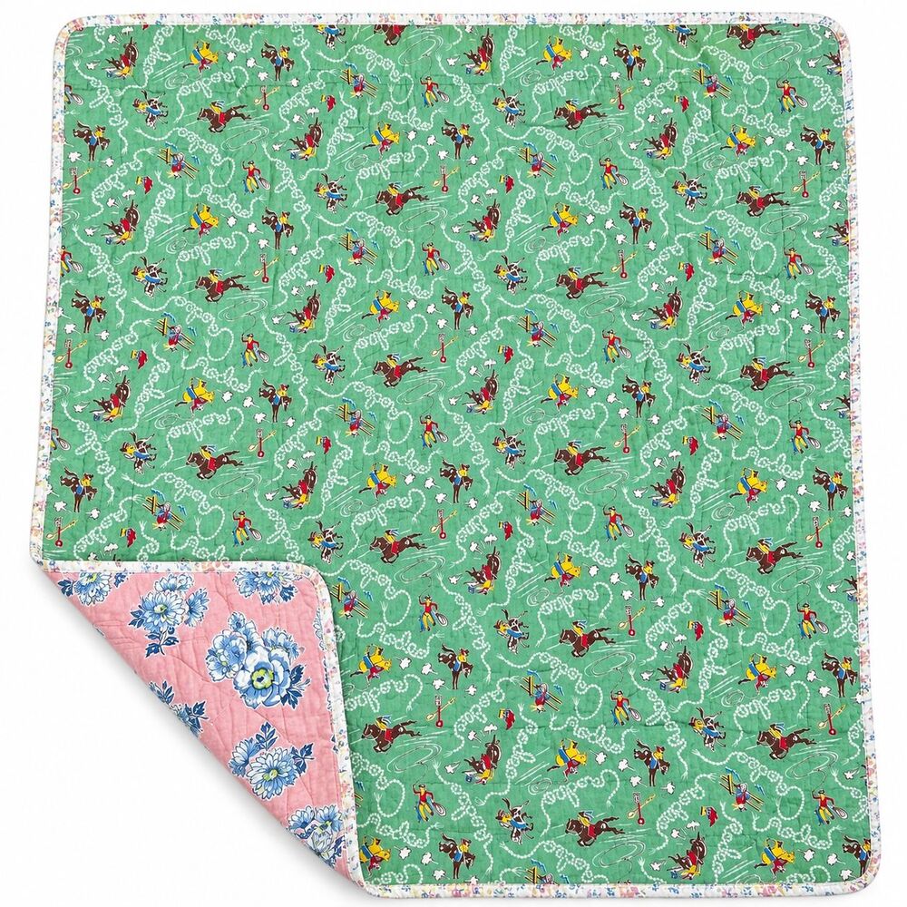 Vintage Handmade Baby Quilt Green Cowboys & Indians Pink Floral Retro Nursery